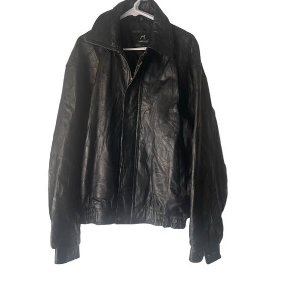 M. Collection Vintage 90s Size XL Black Leather Textured Bomber Jacket Coat